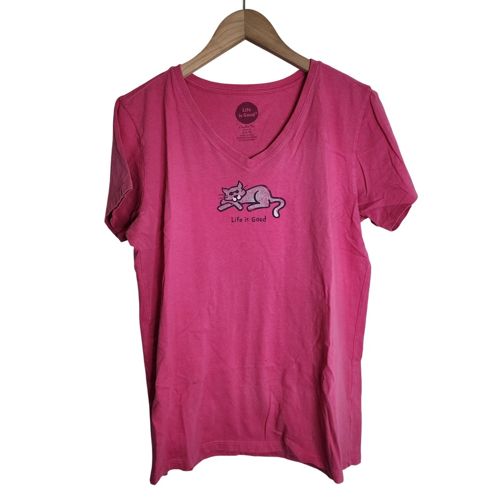 Life is Good Crusher Tee Women L Pink Cat Graphic V-Neck Short Sleeve T-Shirt